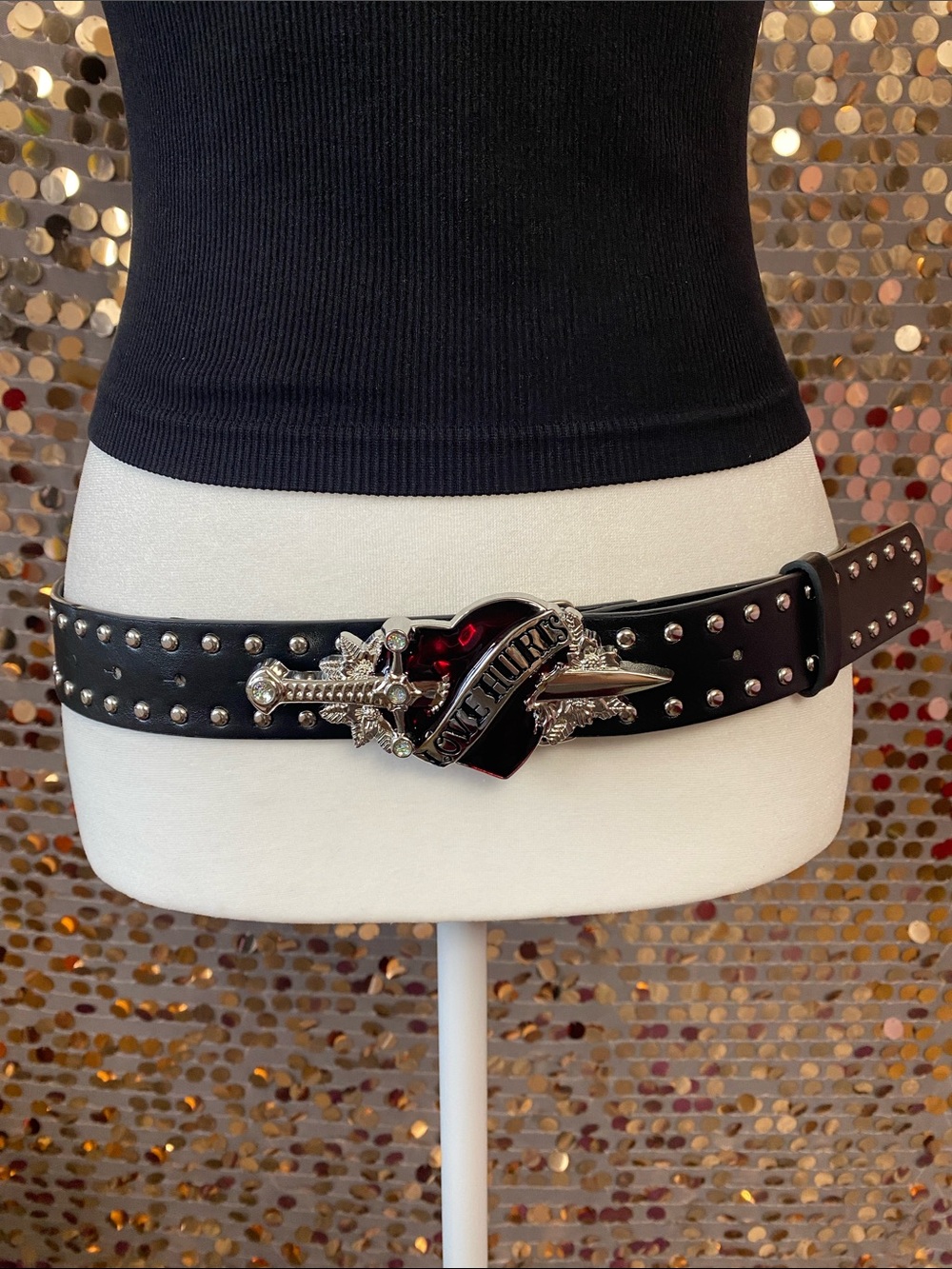 Black and silver studded belt with red heart buckle #426